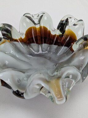 Vintage Art Glass Hand Blown Dish Ashtray White Brown Beveled Edges Home Decor